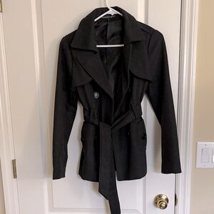 Ambiance Elegant Charcoal Gray Short Button Up Tie-Waist Trench Coat Pea Coat